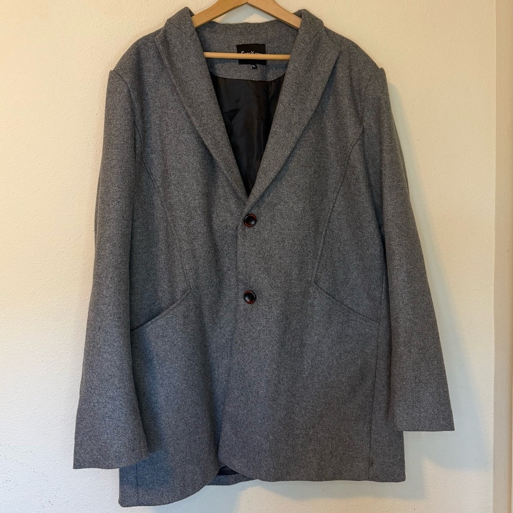 Men’s Grey Wool Blend Overcoat XL Classic Tailored Minimalist Coat